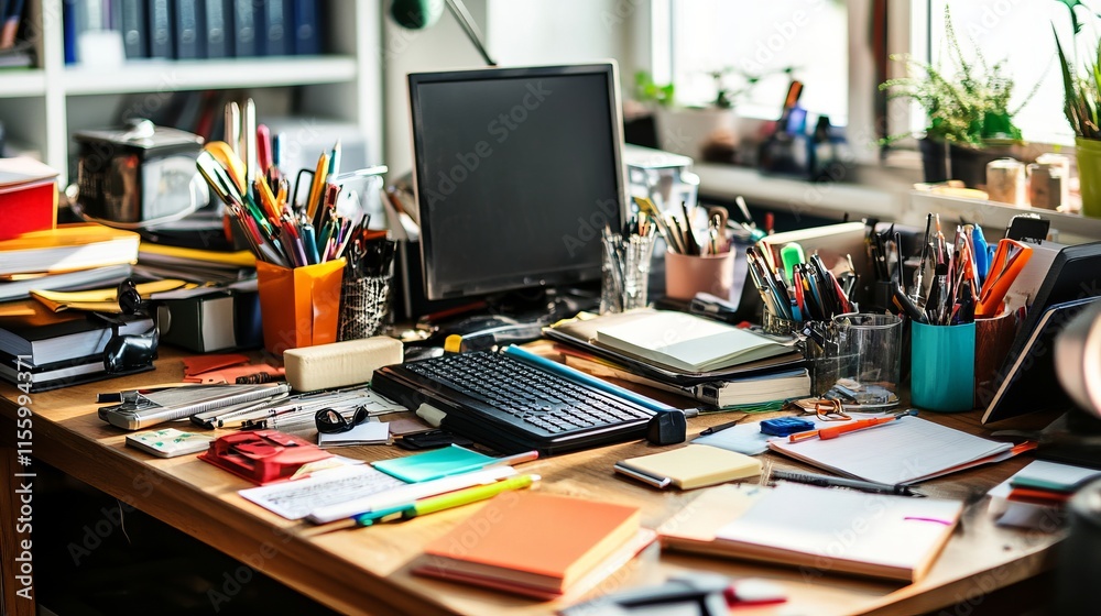 Messy and cluttered office desk with copy space Messy and cluttered office desk with copy space