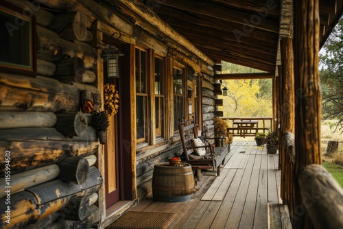 Rustic Log Cabin House Porch Overlooking Nature's Splendor photo