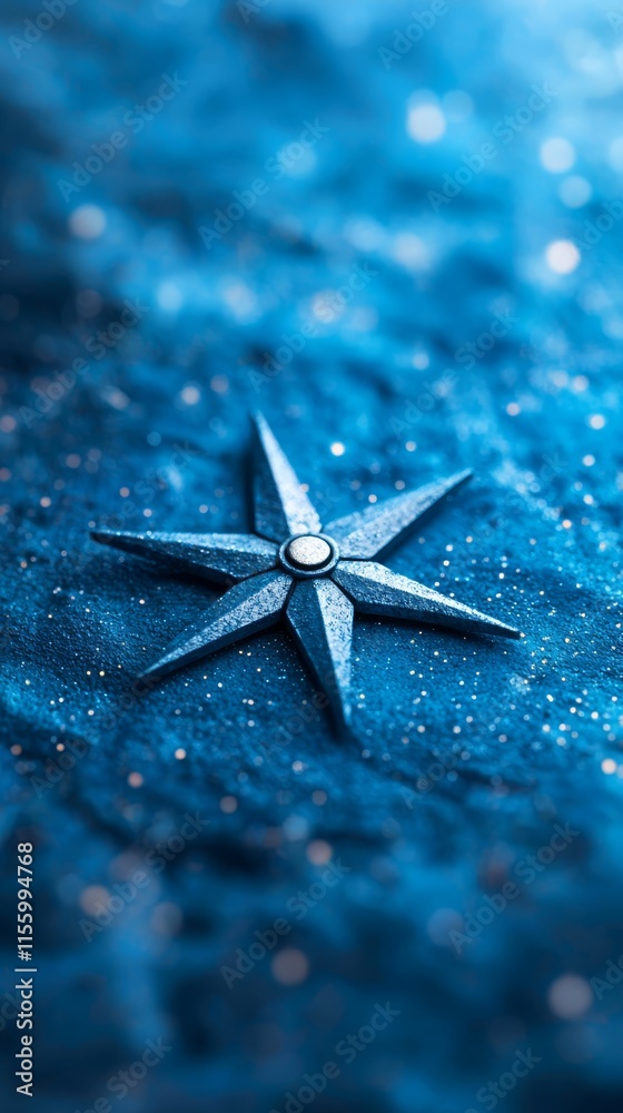 A blue star on a blue surface with water droplets A blue star on a blue surface with water droplets