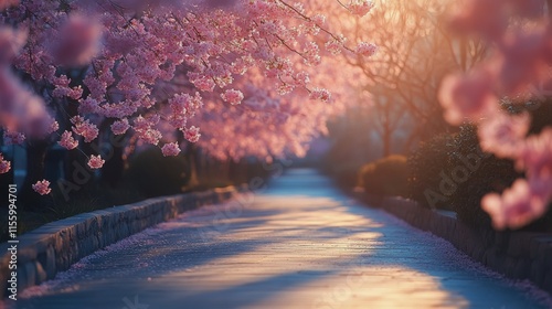 Morning stroll along cherry blossom trees in a misty park with glowing street...