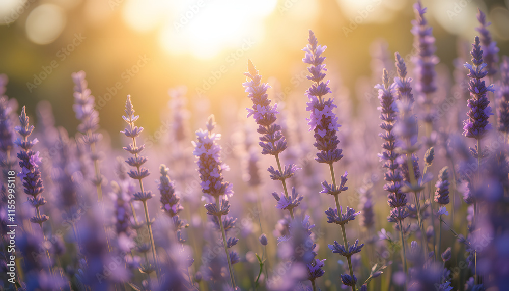 Blooming Lavender Flowers in Soft Focus with Sunlit Background : Generative AI Blooming Lavender Flowers in Soft Focus with Sunlit Background : Generative AI