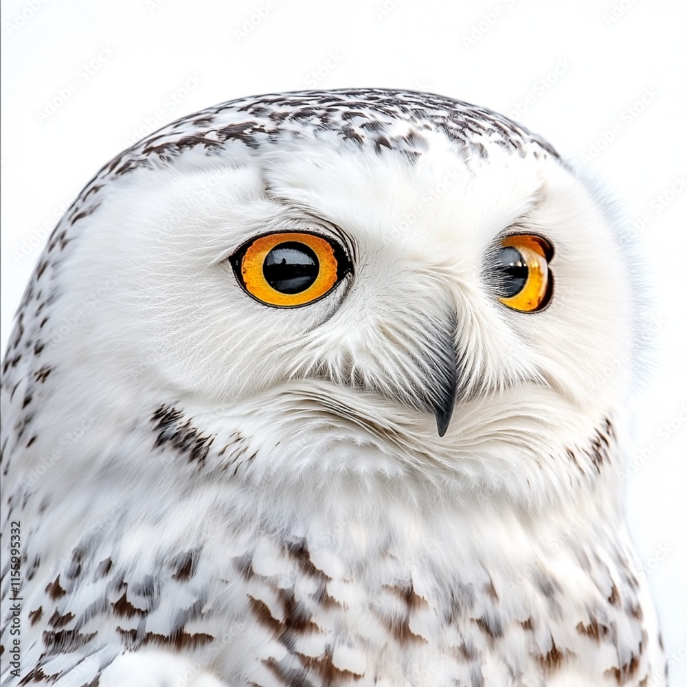 Obraz premium Snowy owl captured in close-up, featuring a plain white background.