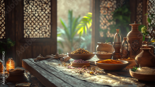 Islamic Natural Remedies Setup on Rustic Wooden Table