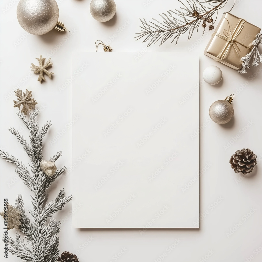 Fototapeta premium White Blank Paper Greeting Card with Eco Christmas Decorations – Festive Holiday Mockup