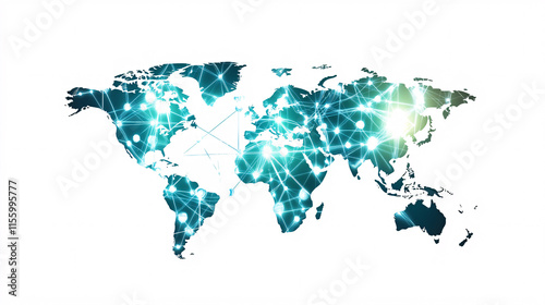 a glowing blue world map with interconnected lines representing global connections on a clean white background  

