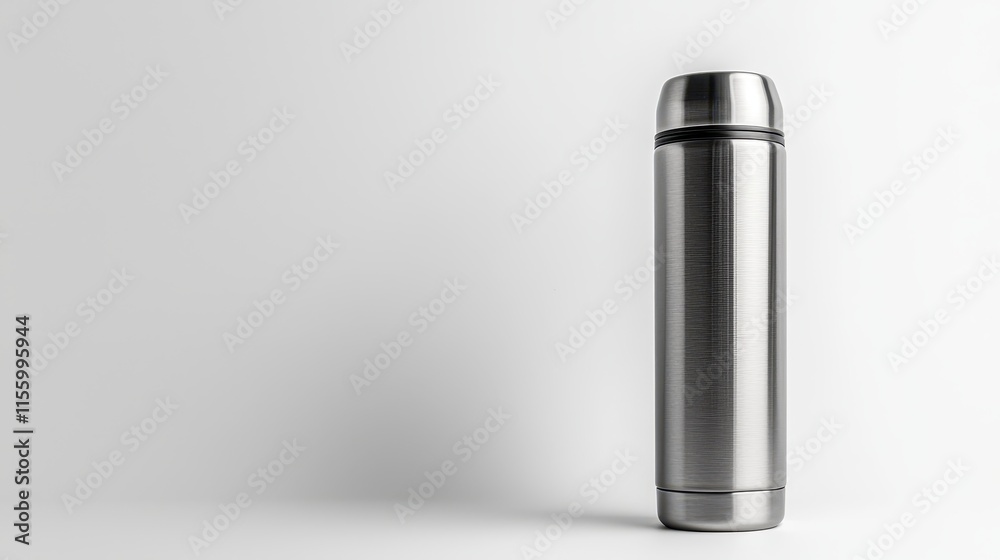 A sleek stainless steel thermos on a white isolated background A sleek stainless steel thermos on a white isolated background