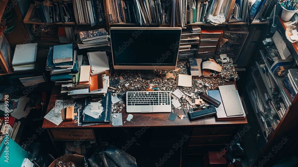 Messy and cluttered office desk with copy space Messy and cluttered office desk with copy space