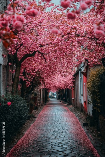 Beautiful cherry blossom trees along a pathway with city skyline view at sunrise