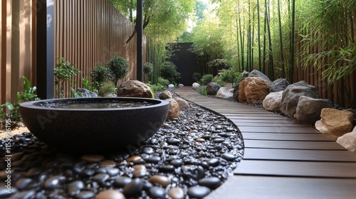 Serene garden path with stones and water feature surrounded by bamboo
