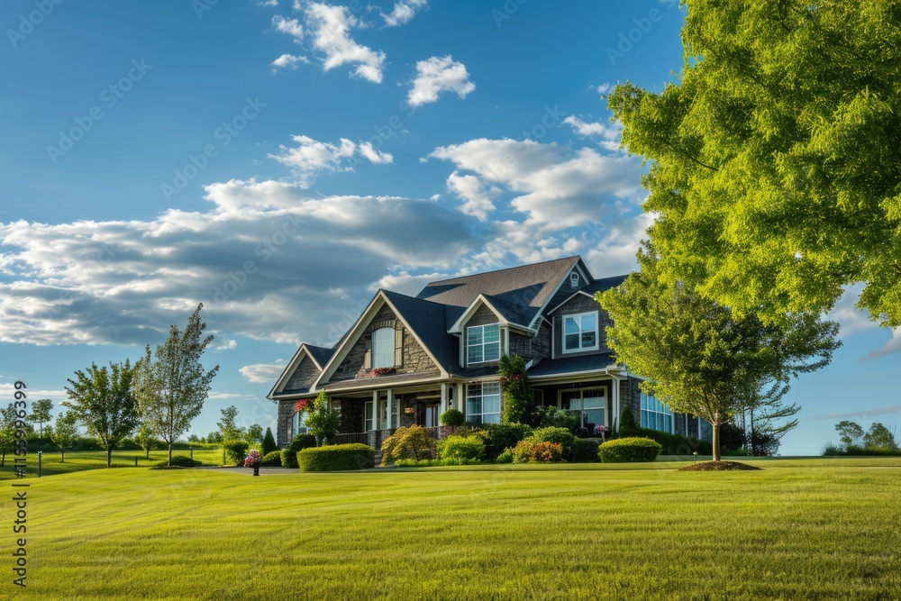 Obraz premium Serene Countryside Estate with Expansive Yard and Clear Blue Skies