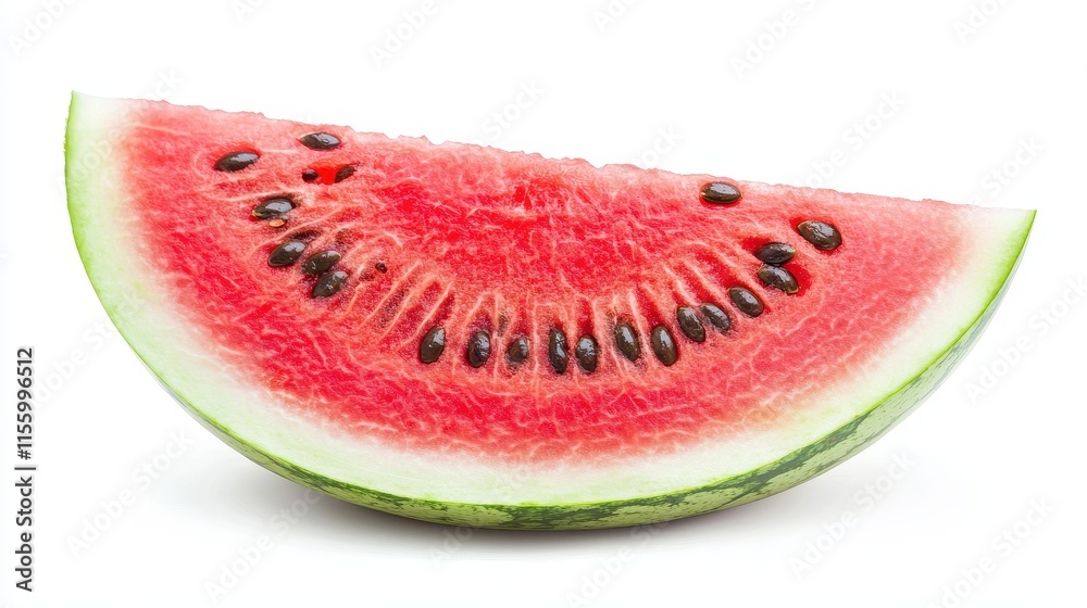 A fresh slice of watermelon with seeds on a white isolated background A fresh slice of watermelon with seeds on a white isolated background
