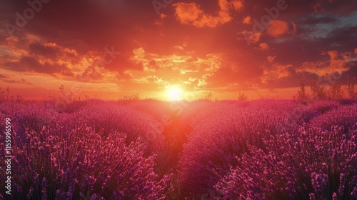 Vibrant sunset over lavender fields with a colorful sky and blooming flowers
