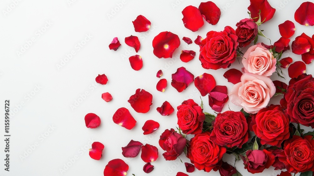 A fresh bouquet of roses with vibrant red and pink petals on a white isolated background A fresh bouquet of roses with vibrant red and pink petals on a white isolated background