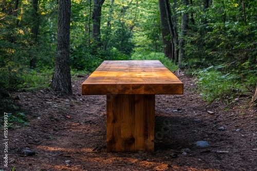 Wooden table and benches in a peaceful forest clearing surrounded by trees