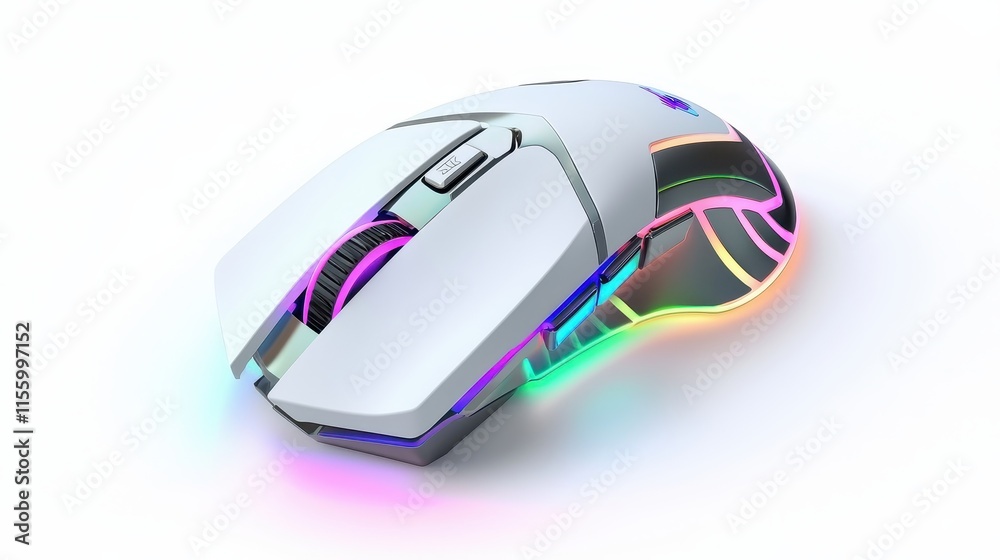 A sleek white gaming mouse with ergonomic design on a white isolated background A sleek white gaming mouse with ergonomic design on a white isolated background