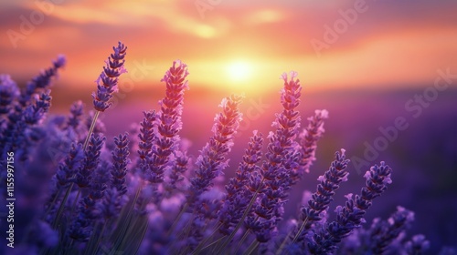 Vibrant sunset over lavender fields with a colorful sky and blooming flowers