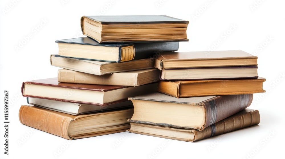 A stack of different-sized books with soft covers on a white isolated background A stack of different-sized books with soft covers on a white isolated background