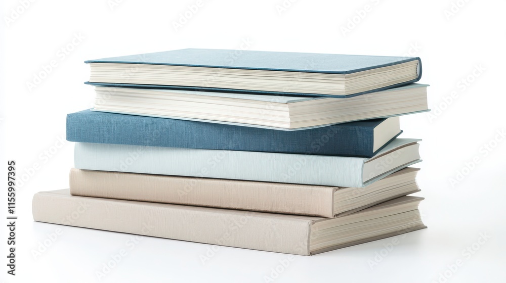 A stack of different-sized books with soft covers on a white isolated background A stack of different-sized books with soft covers on a white isolated background