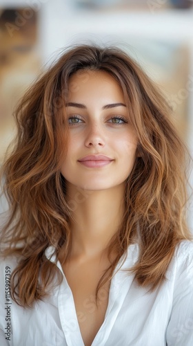 A woman with long brown hair and a white shirt