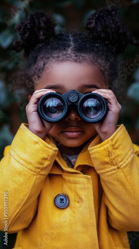 Young child in a yellow coat and hat using binoculars outdoors during the day