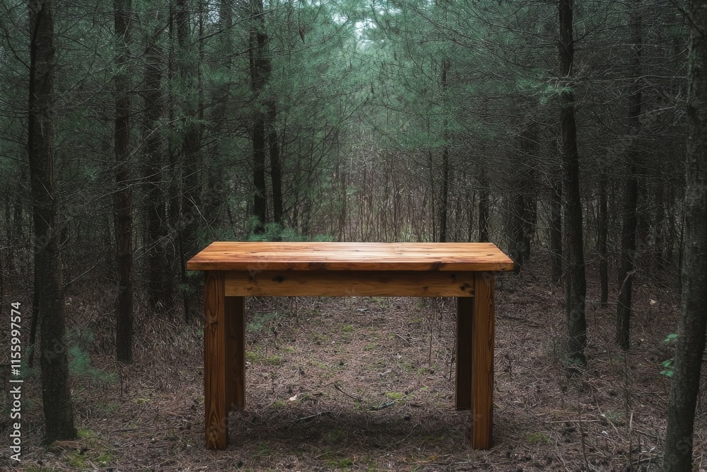 Wooden table and benches in a peaceful forest clearing surrounded by trees Wooden table and benches in a peaceful forest clearing surrounded by trees