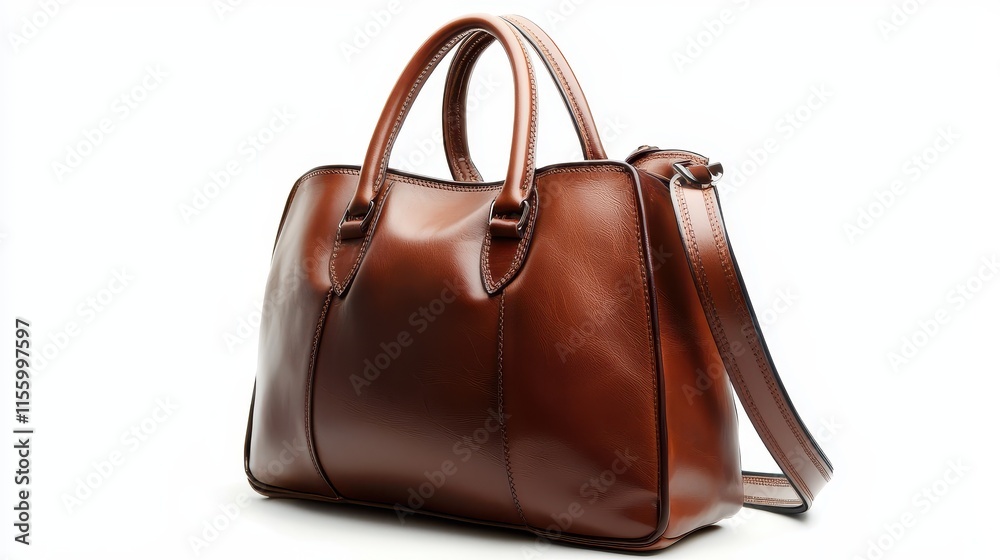 A luxury leather handbag with a sleek design on a white isolated background A luxury leather handbag with a sleek design on a white isolated background