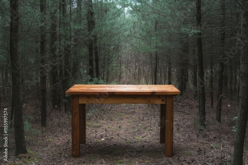 Wooden table and benches in a peaceful forest clearing surrounded by trees