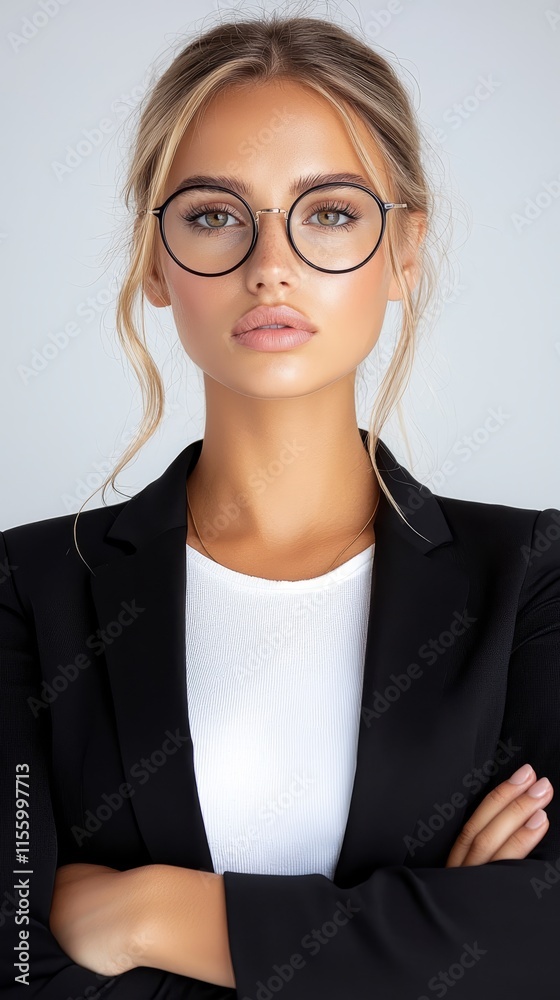 A woman wearing a black suit and glasses A woman wearing a black suit and glasses