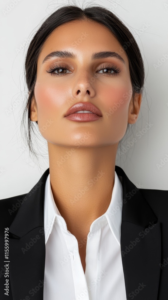 A woman wearing a black blazer and white shirt