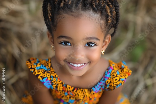 Young girl in colorful dress smiles brightly in a lush garden setting during ...