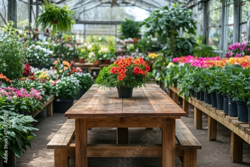 Vibrant flower greenhouse featuring a rustic wooden table and colorful blooms