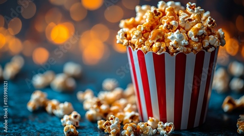 Fresh popcorn in a striped cup with warm bokeh background during a cozy evening