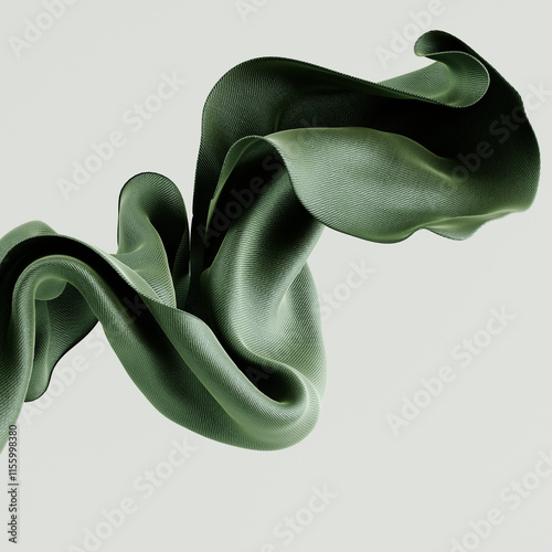 Dynamic 3D rendering flowing olive green fabric. The fabric billows and twists, creating an abstract organic form against a clean, light backdrop.