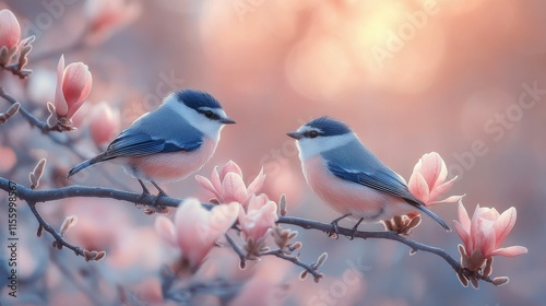 Two small birds perched on a branch surrounded by blooming magnolia flowers