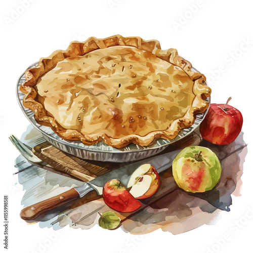 A watercolor painting of a freshly baked apple pie on a kitchen table, isolated on a white background. Apple pie vector.

