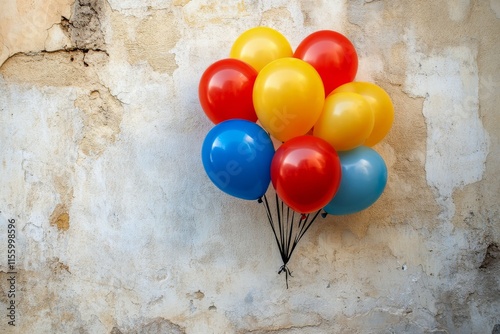 Colorful balloons on a weathered wall create a playful atmosphere in bright d...