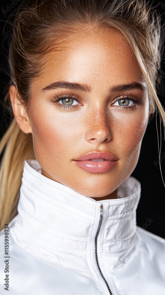 A woman with freckles on her face wearing a white jacket A woman with freckles on her face wearing a white jacket