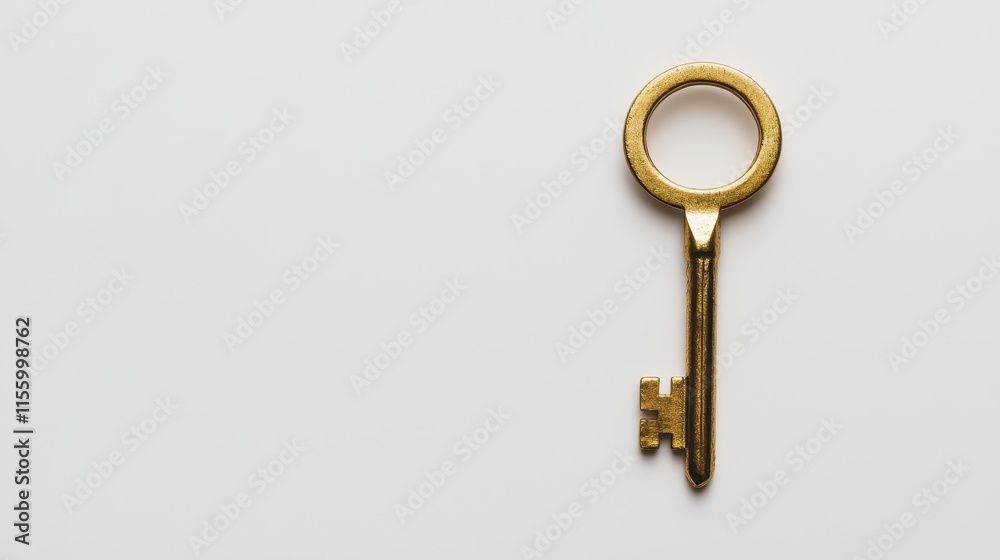 A single golden key placed on a white isolated background A single golden key placed on a white isolated background