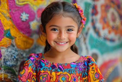 Young girl in colorful dress smiles brightly in a lush garden setting during ...