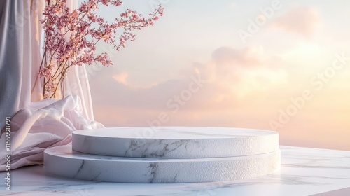 Elegant Marble Display Stand with Pink Blossoms and Soft Sunset Sky in the Background