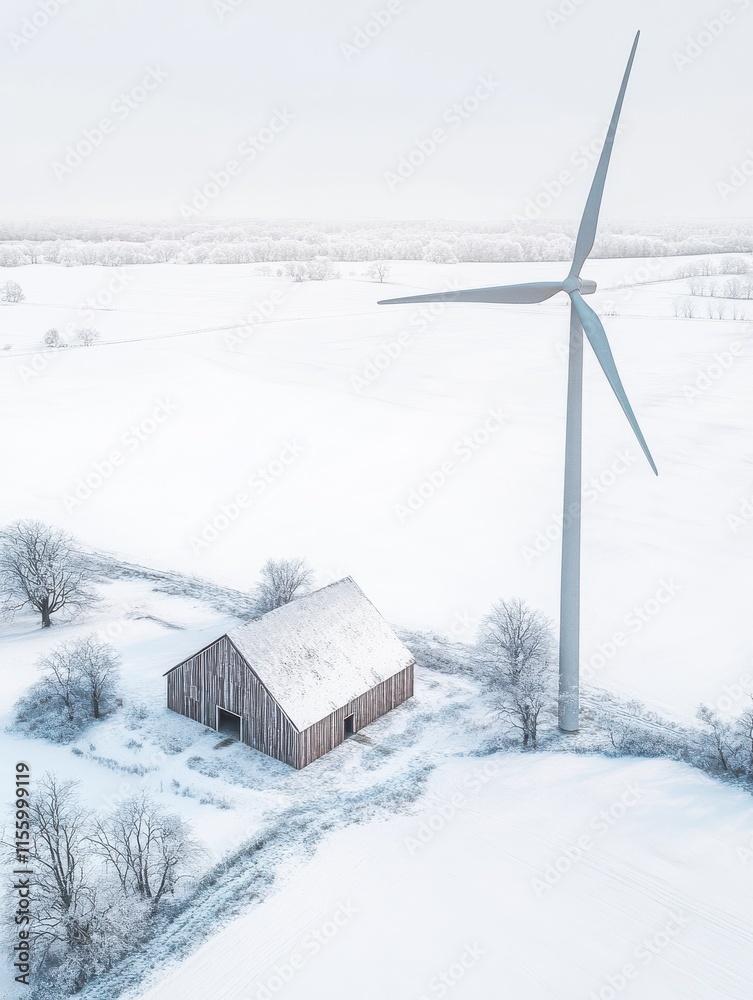 Aerial view of tall wind turbine and country farm with barn on white snowy rural meadow Aerial view of tall wind turbine and country farm with barn on white snowy rural meadow