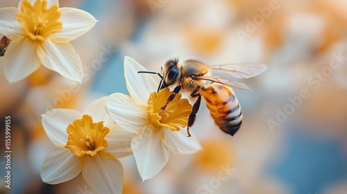 Bee collecting nectar from yellow daffodil flowers in a blooming garden durin...