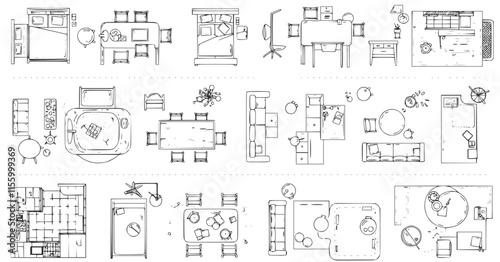 Top view of set furniture elements outline symbol for bedroom, kitchen, bathroom, dining room and living room. Interior icon bed, chair, table and sofa.