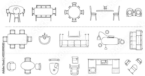 Top view of set furniture elements outline symbol for dining room, office, cafe, kitchen and living room. Interior icon chair, sink, table and sofa.