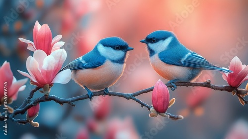 Two small birds perched on a branch surrounded by blooming magnolia flowers