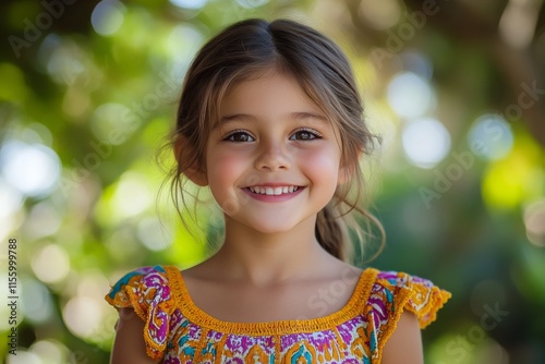 Young girl in colorful dress smiles brightly in a lush garden setting during ...