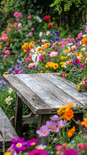 Vibrant flower garden with wooden table in a cozy outdoor setting