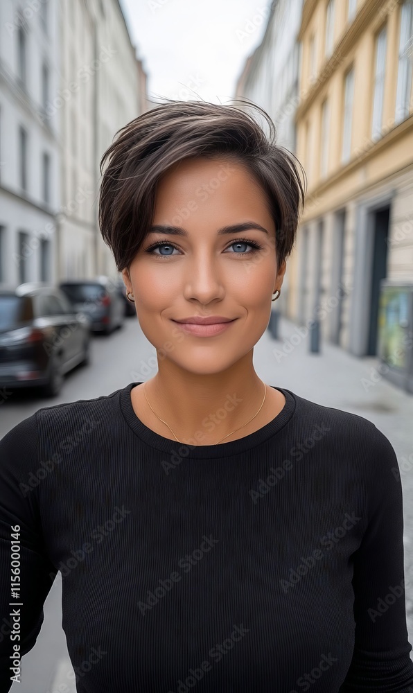 A woman in a black shirt standing on a city street A woman in a black shirt standing on a city street