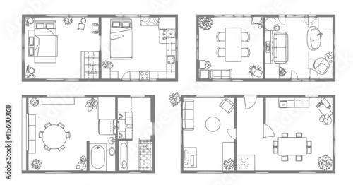 Top view of set furniture elements outline symbol for bedroom, kitchen, bathroom, dining room and living room. Interior icon bed, chair, table and sofa.
