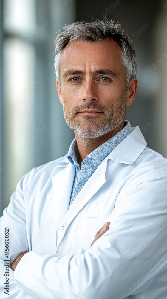 A man in a white lab coat with his arms crossed A man in a white lab coat with his arms crossed